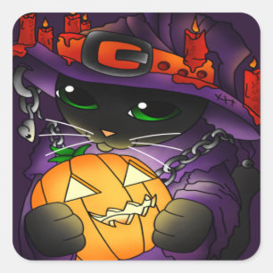 Halloween Pumpkin Black Witch Cat Square Sticker