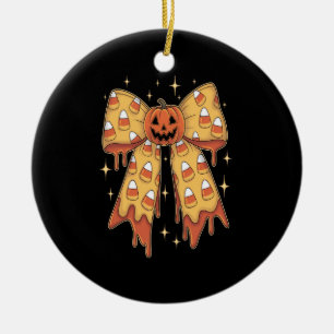 Halloween Pumpkin Bow Candy Corn Ceramic Ornament