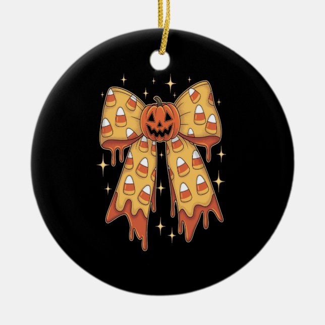 Halloween Pumpkin Bow Candy Corn Ceramic Ornament (Front)