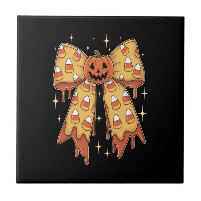 Halloween Pumpkin Bow Candy Corn Ceramic Tile (Front)