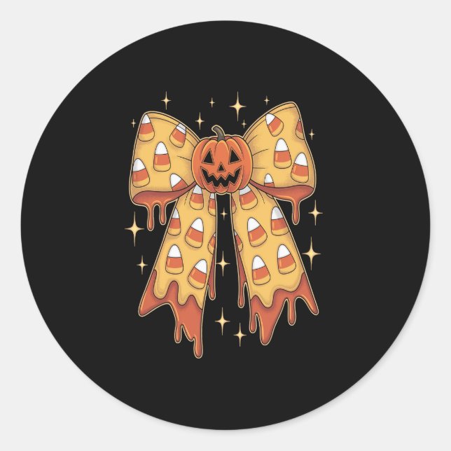 Halloween Pumpkin Bow Candy Corn Classic Round Sticker (Front)