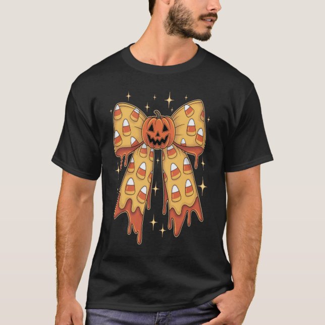 Halloween Pumpkin Bow Candy Corn T-Shirt (Front)