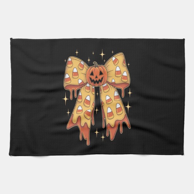 Halloween Pumpkin Bow Candy Corn Tea Towel (Horizontal)