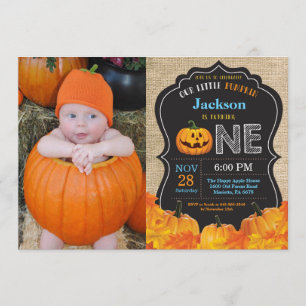 Halloween Pumpkin Boy 1st Birthday Blue Burlap Invitation