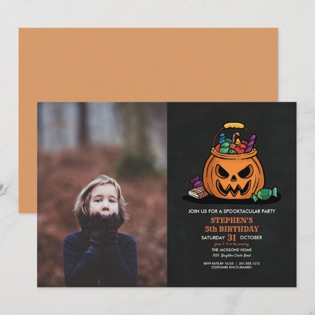 Halloween Pumpkin Candy Kid Photo Birthday Party Invitation (Front/Back)