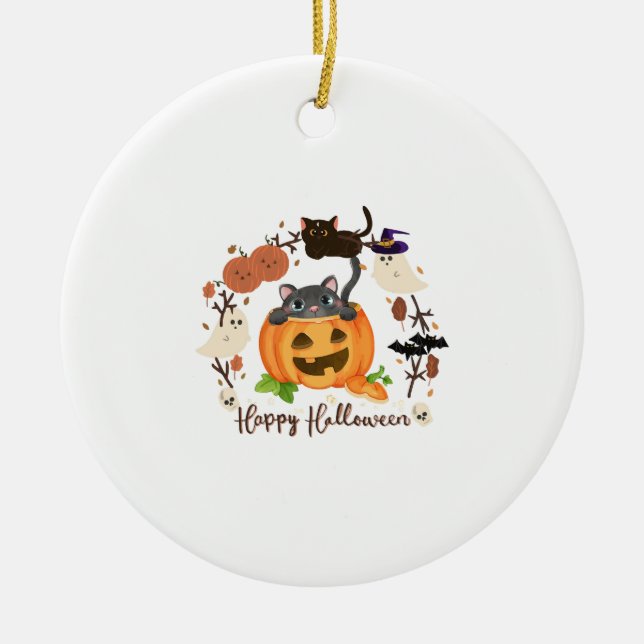 Halloween Pumpkin Cat Ceramic Ornament (Front)