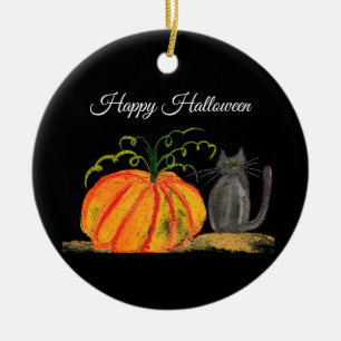 Halloween Pumpkin Cat Cute Orange  Ceramic Ornament