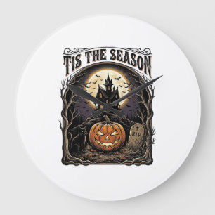 Halloween Pumpkin Cat Haunted Vintage Season Scene Large Clock