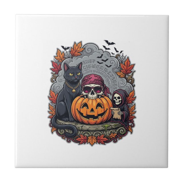 Halloween Pumpkin Cat Skull Grim Reaper Autumn Lea Ceramic Tile (Front)