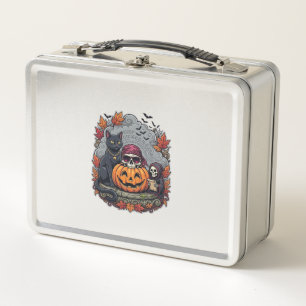 Halloween Pumpkin Cat Skull Grim Reaper Autumn Lea Metal Lunch Box