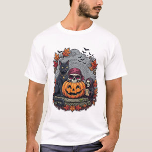 Halloween Pumpkin Cat Skull Grim Reaper Autumn Lea T-Shirt