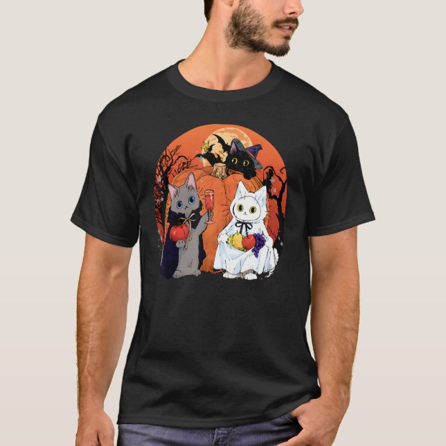 Halloween Pumpkin Cats Drink Wine T-Shirt (Front)