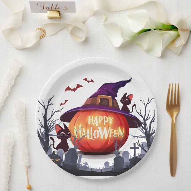 Halloween Pumpkin, Cats & Witch Ha Paper Plate (Wedding)