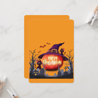 Halloween Pumpkin, Cats & Witch Hat Invitation