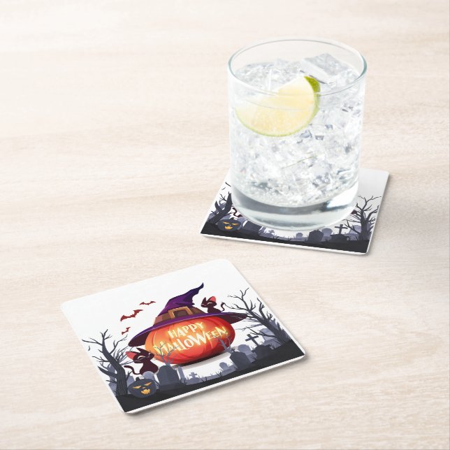 Halloween Pumpkin, Cats & Witch  Square Paper Coaster (Insitu)