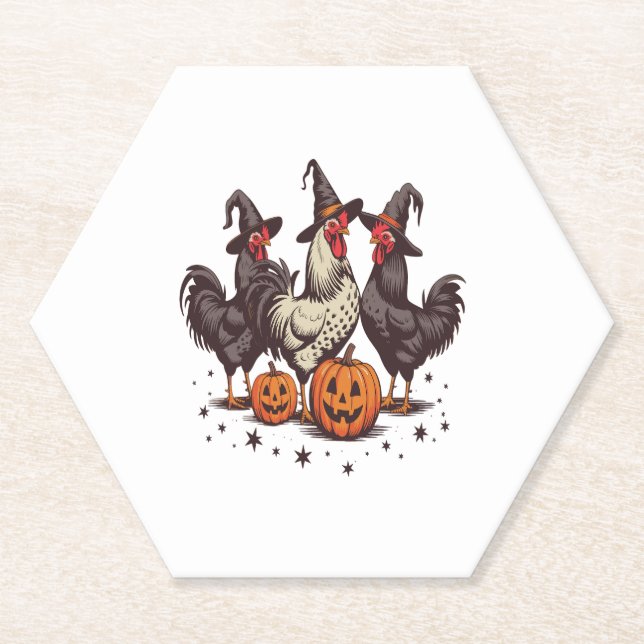 Halloween Pumpkin Chicken Witch Fall Paper Coaster (Front)