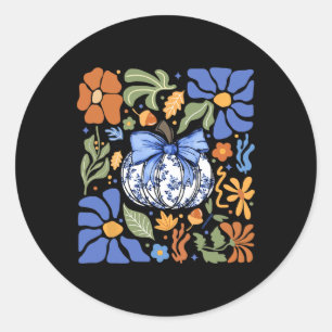 Halloween Pumpkin Chinoiserie Blue & White Flo Classic Round Sticker