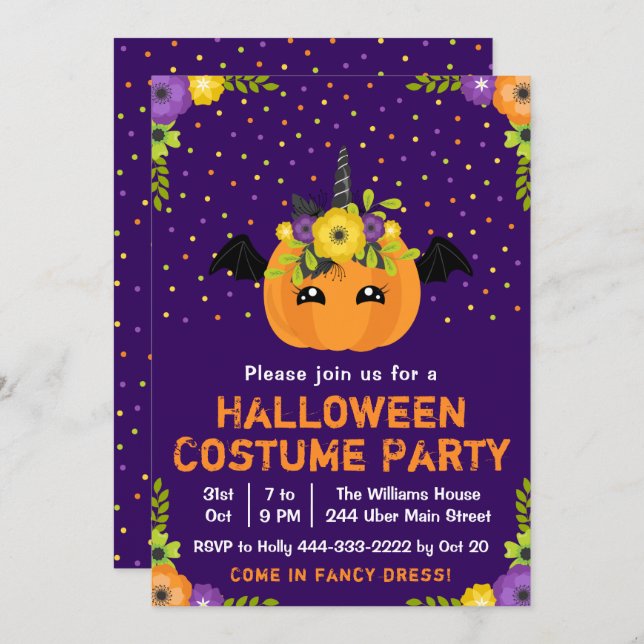 Halloween Pumpkin Costume Party Purple Invitation (Front/Back)