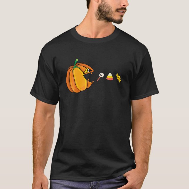 Halloween Pumpkin Eats Candy Skeleton Funny Boys G T-Shirt (Front)