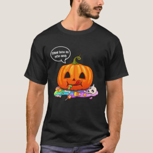 Halloween pumpkin eats unicorn skeleton candy T-Shirt