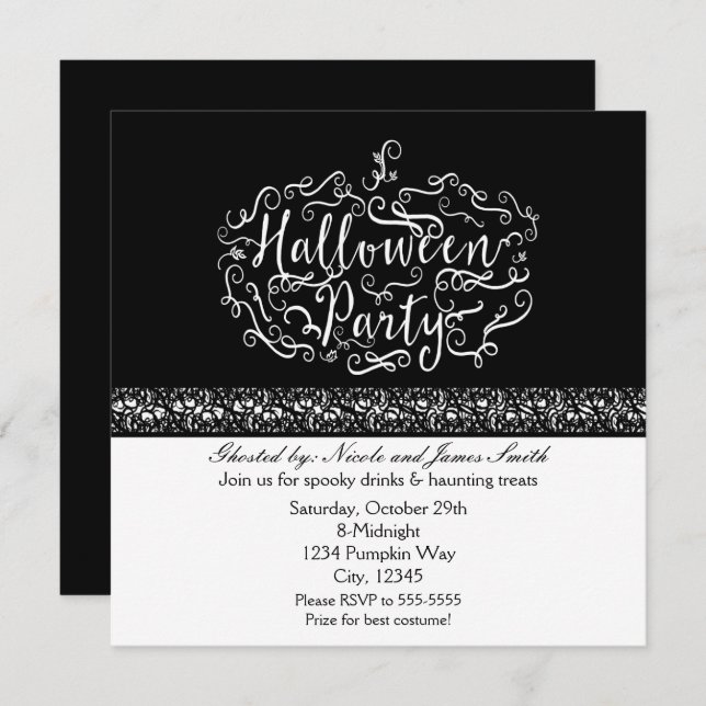 Halloween Pumpkin Elegant Black White Invitations (Front/Back)