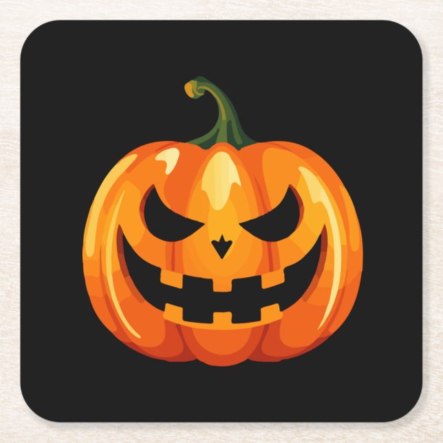 Halloween Pumpkin Face Scary Square Paper Coaster (Front)