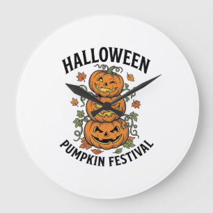 Halloween Pumpkin Festival Vintage Jack O Lantern Large Clock