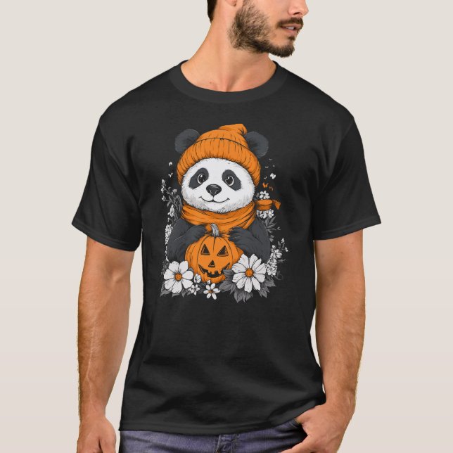 Halloween Pumpkin Flower Girls Boys Kids Panda Hal T-Shirt (Front)