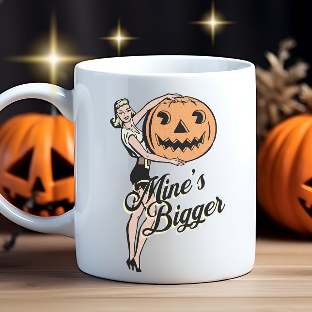 Halloween Pumpkin Funny Retro Orange Mines Bigger Coffee Mug (Mine's Bigger funny retro orange and black Halloween mug. )