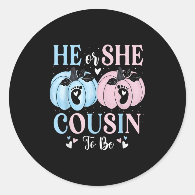 Halloween Pumpkin Gender Reveal He Or She Cousin T Classic Round Sticker (Front)