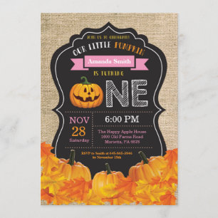 Halloween Pumpkin Girl 1st Birthday Pink Burlap Invitation