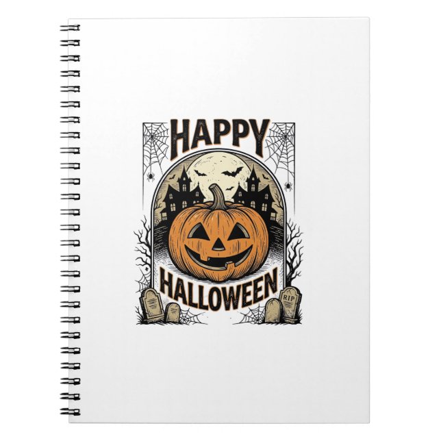 Halloween Pumpkin Graveyard Vintage Spooky Tee Art Notebook (Front)