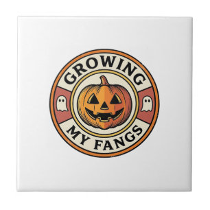 Halloween Pumpkin Growing My Fangs Vintage Badge_1 Ceramic Tile