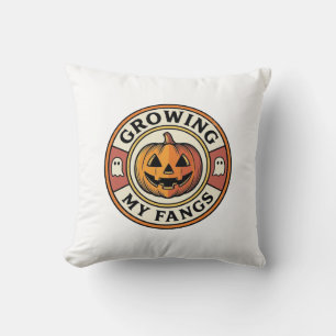 Halloween Pumpkin Growing My Fangs Vintage Badge_1 Cushion