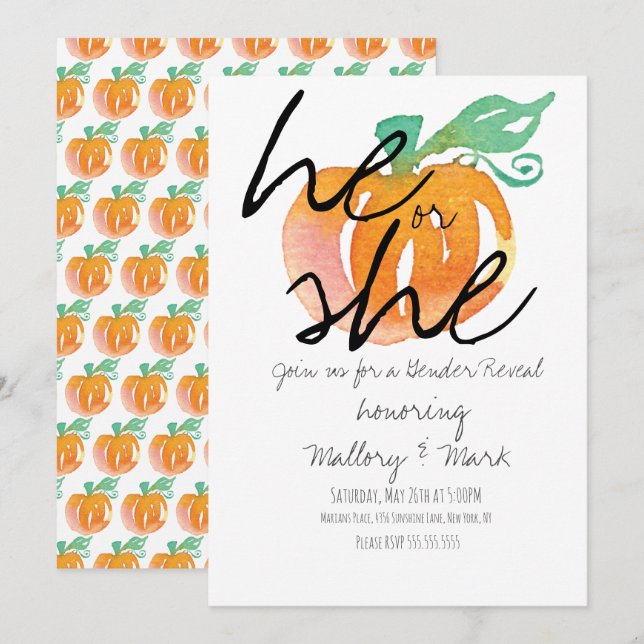 Halloween Pumpkin Hand Watercolor Gender Reveal  Invitation (Front/Back)