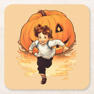 Halloween Pumpkin, Happy Young Boy Square Paper Coaster