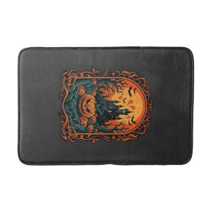 Halloween Pumpkin Haunted House Full Moon Bats Bath Mat