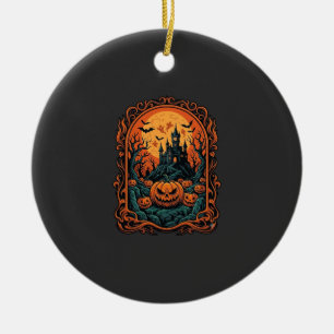 Halloween Pumpkin Haunted House Full Moon Bats Ceramic Ornament