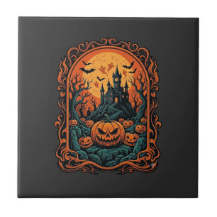 Halloween Pumpkin Haunted House Full Moon Bats Ceramic Tile
