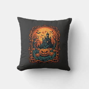 Halloween Pumpkin Haunted House Full Moon Bats Cushion