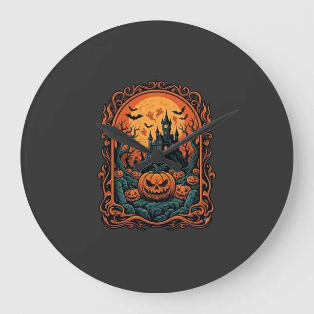 Halloween Pumpkin Haunted House Full Moon Bats Large Clock (Front)