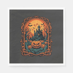 Halloween Pumpkin Haunted House Full Moon Bats Napkin