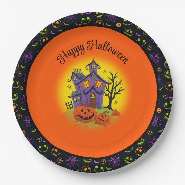 Halloween Pumpkin Haunted House Fun Custom Text Paper Plate (Front)