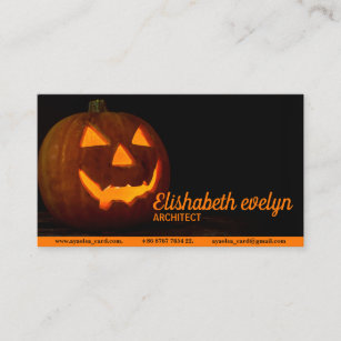 Halloween pumpkin head jack lantern on wooden business card