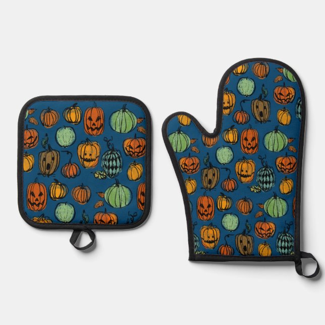 Halloween pumpkin heads oven mitt & pot holder set (Front)
