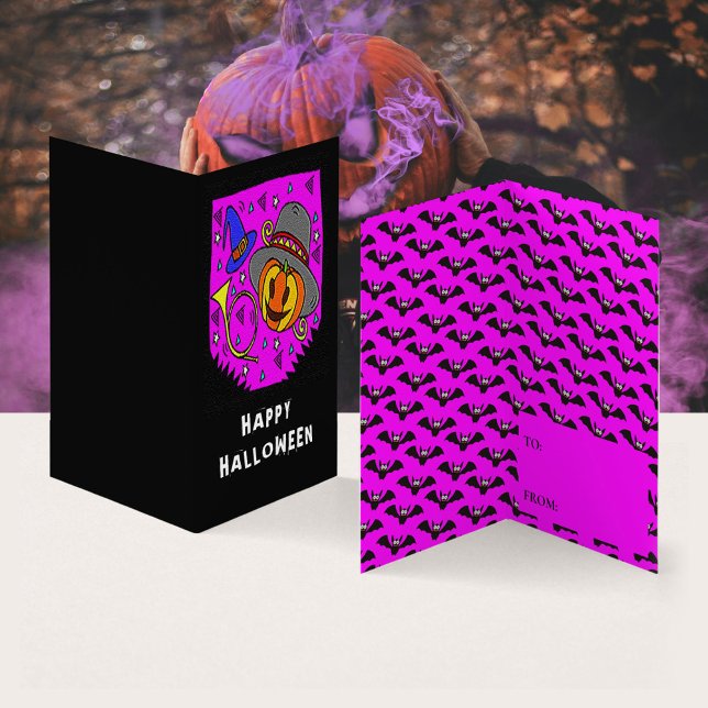 Halloween Pumpkin Horn Bat Classroom Exchange Card (Happy Halloween Pumpkin Bugle Bats Purple Background Kids Exchange Card)