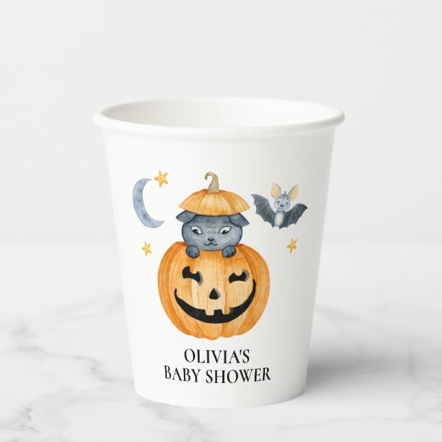 Halloween Pumpkin Jack-O-Lantern Baby Shower Paper Cups (Front)