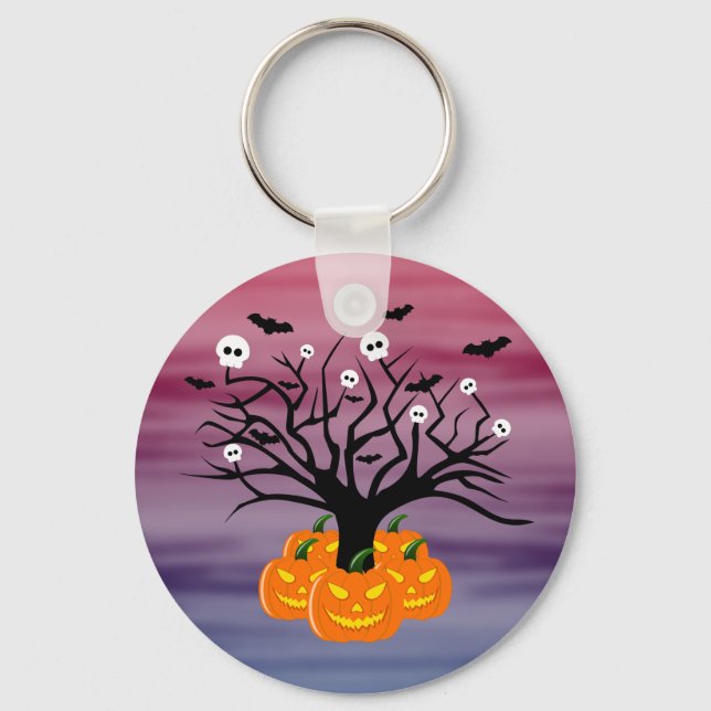 Halloween Pumpkin Jack o’ Lantern Dead Tree Key Ring (Front)