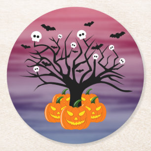Halloween Pumpkin Jack o’ Lantern Dead Tree Round Paper Coaster