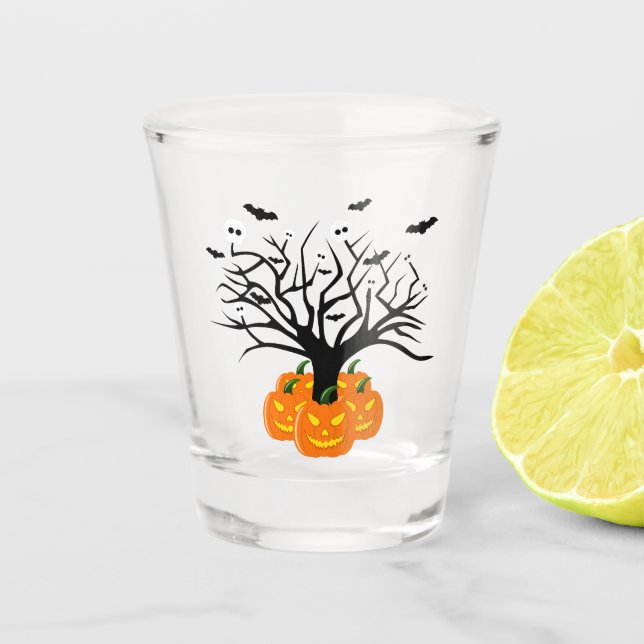 Halloween Pumpkin Jack o’ Lantern Dead Tree Shot Glass (Front)